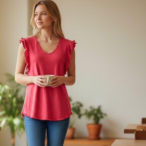 Chicos Linen Flutter Sleeve Top Size 3 (XL) Pink V-Neck - Picture 5 of 9